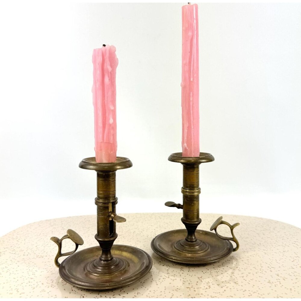 Vintage brass candlesticks, pair of adjustable push up candleholders